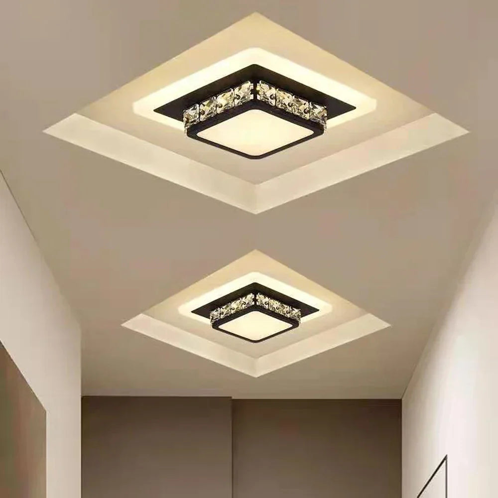 Pair of Maison Ornate Industrial Crystal Chandeliers with integrated LED, decorative edges, recessed panel mounts.