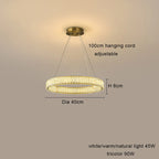 Modern LED crystal chandelier with dimmable tricolor lighting, 100cm cords, sleek 40cm design.