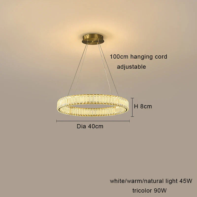 Modern LED crystal chandelier with dimmable tricolor lighting, 100cm cords, sleek 40cm design.