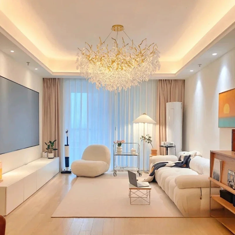Maison Ornate Modern Crystal LED Chandelier in polished aluminum with sparkling crystals and sleek contemporary design.