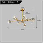 Postmodern chandelier with nine crystal-like LED heads, geometric design, 60 cm adjustable rod, 82 x 45 cm.