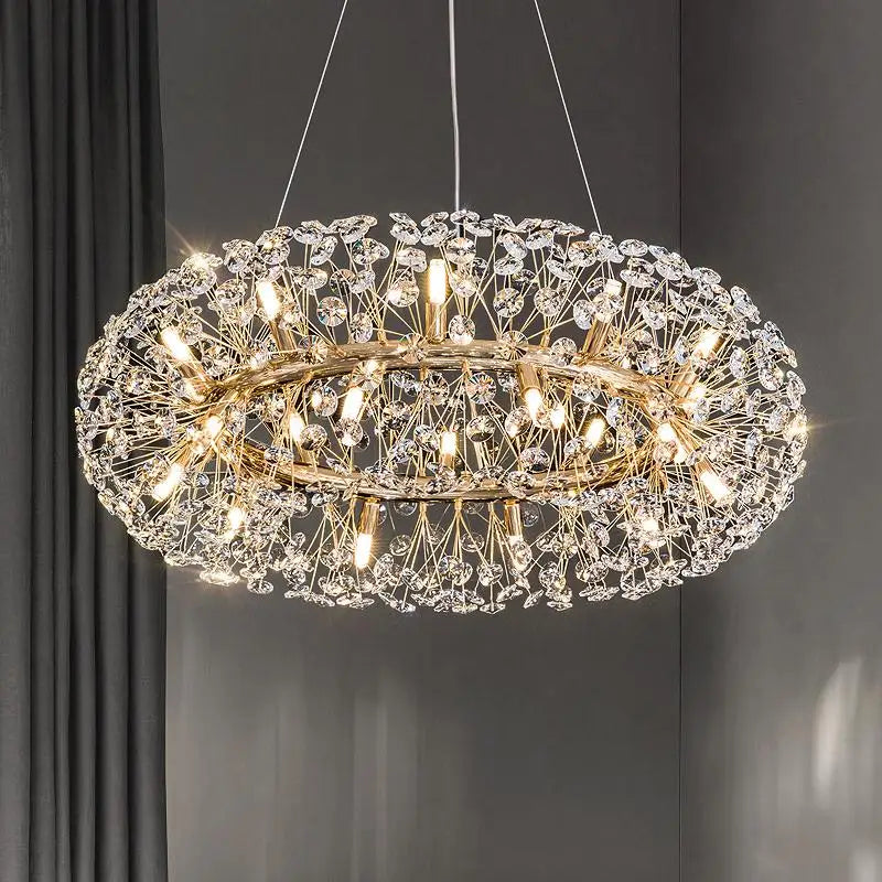 Maison Ornate Crystal Bedroom Chandelier with gold metal, crystal-like accents, and exposed bulbs.