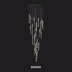 25-head modern crystal chandelier with hanging cylindrical pendants, black round base, and chrome accents.