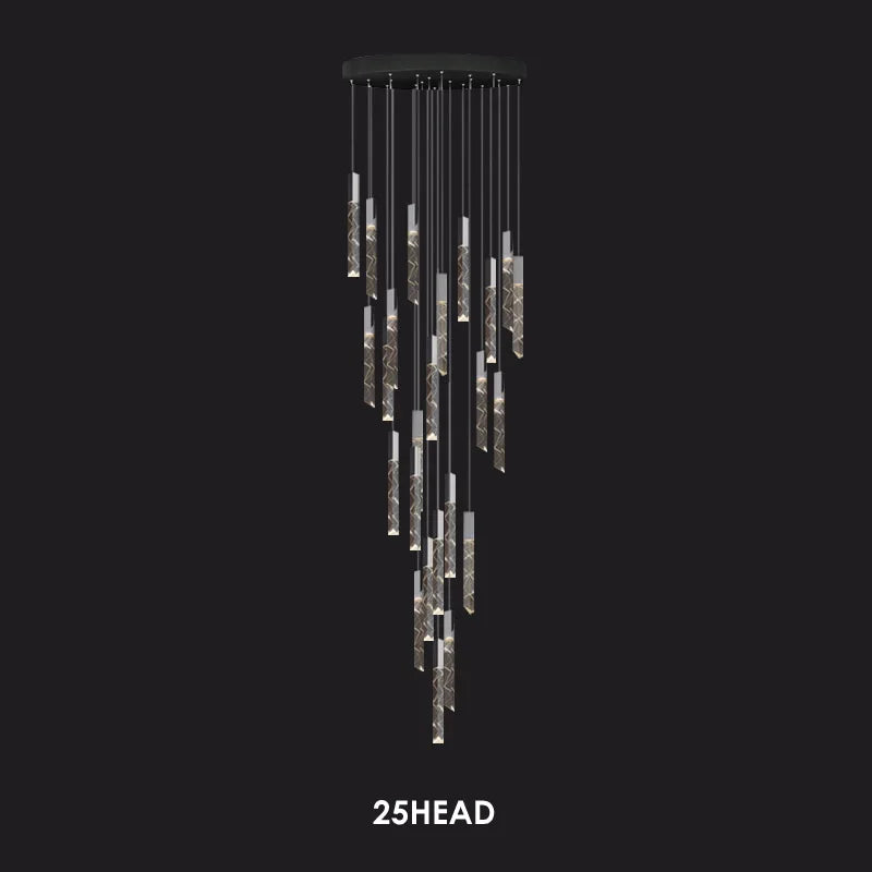 25-head modern crystal chandelier with hanging cylindrical pendants, black round base, and chrome accents.