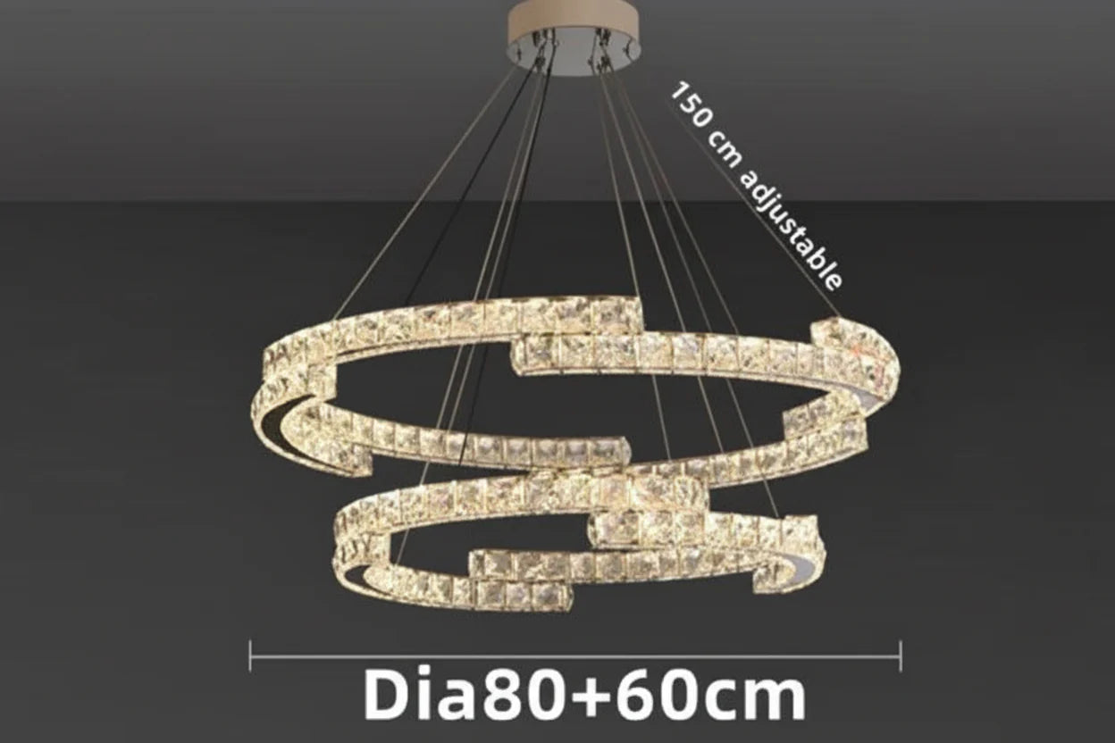 Intertwined rectangular crystal chandelier with stainless steel LED, adjustable hanging length, modern design.