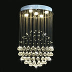 Polished steel Maison Ornate Modern Crystal Chandelier with spherical shape and sparkling LED-lit crystal strands.