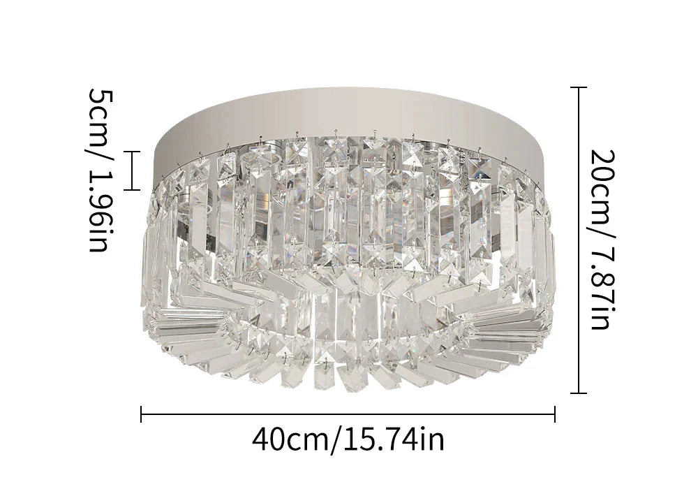 Modern gold crystal chandelier with metallic base, LED lighting, 40 cm diameter, labeled dimensions.