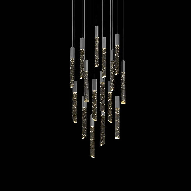 Modern crystal chandelier with elongated geometric glass pendants, sleek chrome frame, and warm illumination.