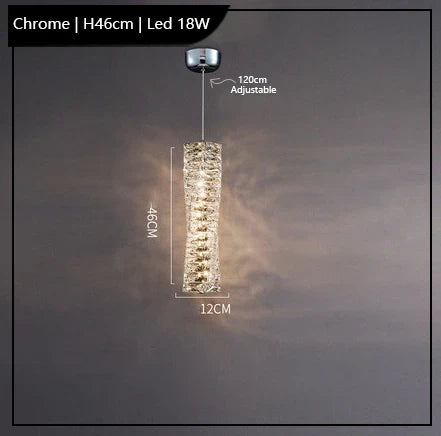 Modern chrome chandelier with textured rectangular shape, K9 crystals, LED lighting, and adjustable cord.