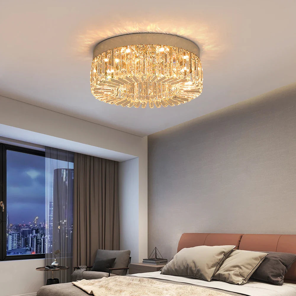 Maison Ornate Modern Gold Crystal Bedroom Chandelier with Integrated LED, featuring elegant gold accents.