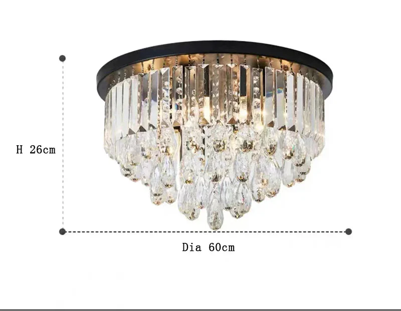 Round black-base LED crystal ball chandelier with glass prisms, teardrop crystals, 26x60 cm.