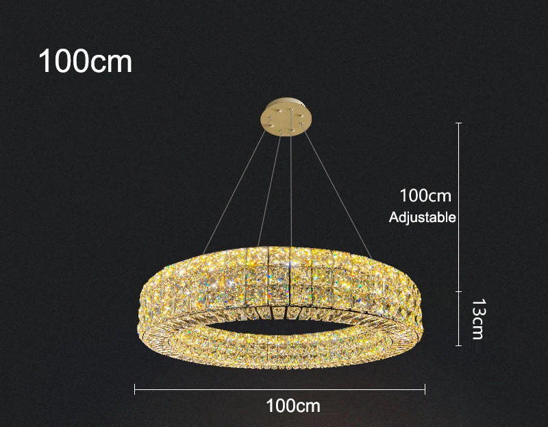 Art Deco crystal chandelier with gold finish, circular LED design, 100cm diameter, height-adjustable.