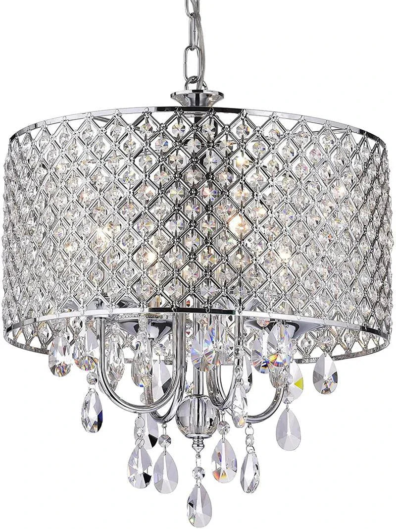 Round crystal iron chandelier with diamond-patterned shade, chrome finish, sparkling pendants, and LED compatibility.