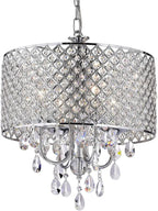 Round crystal iron chandelier with diamond-patterned shade, chrome finish, sparkling pendants, and LED compatibility.