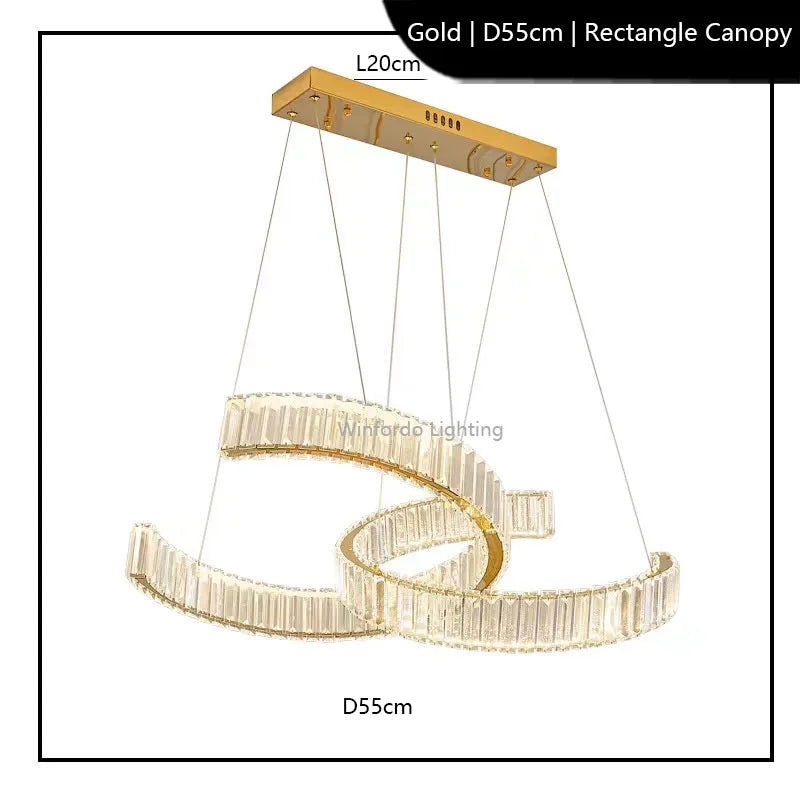 Maison Ornate chandelier with dual crystal spirals, gold finish, 20cm canopy, 55cm diameter.