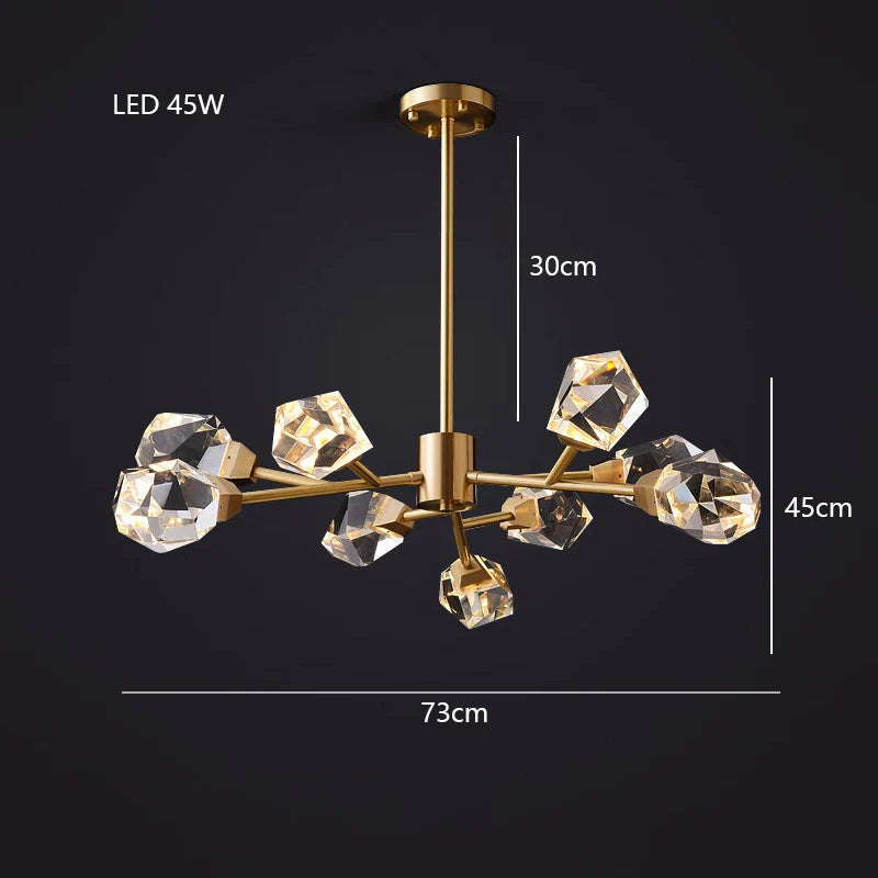Elegant modern crystal glass chandelier with eight geometric shades, 73x45 cm, 45W LED lighting.