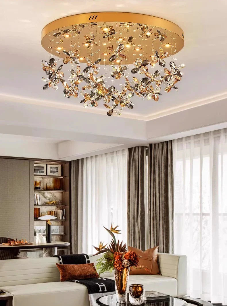 Maison Ornate Modern Crystal LED Pendant Light—elegant chandelier with crystal butterfly designs.