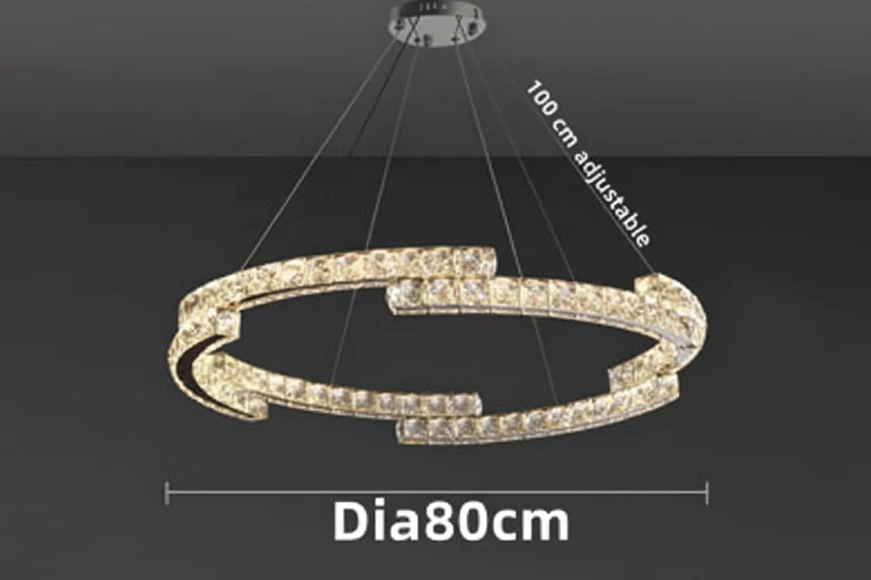 Double-layered 80 cm Maison Ornate Crystal Chandelier with stainless steel LED, adjustable hanging length.