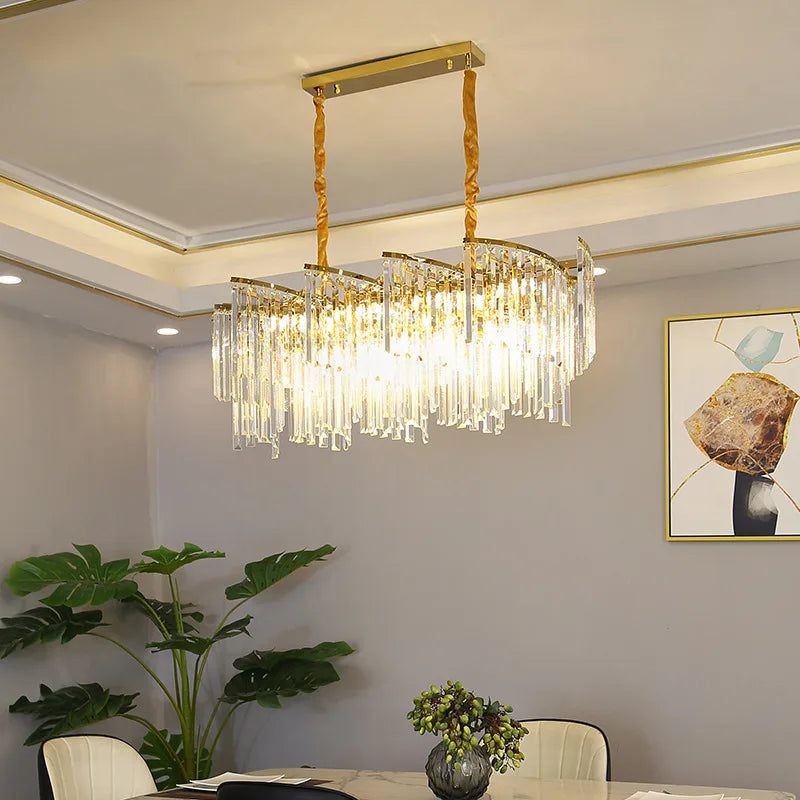 Maison Ornate’s Luxurious Spiral Crystal Gold Lustre chandelier with a striking postmodern style design.