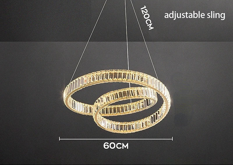 Modern chandelier with two interlocking crystal rings, integrated LEDs, and adjustable 120cm suspension wires.