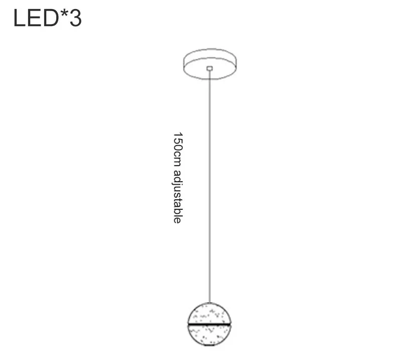 Line drawing of Maison Crystal Sphere Chandelier with Rotating LED, spherical pendant, and three LEDs.