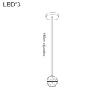 Line drawing of Maison Crystal Sphere Chandelier with Rotating LED, spherical pendant, and three LEDs.