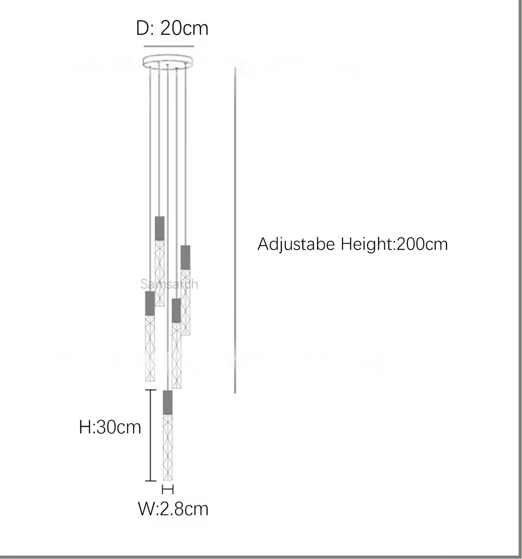 Line drawing of Maison Ornate Spiral LED Crystal Chandelier with three gold adjustable pendant lights.