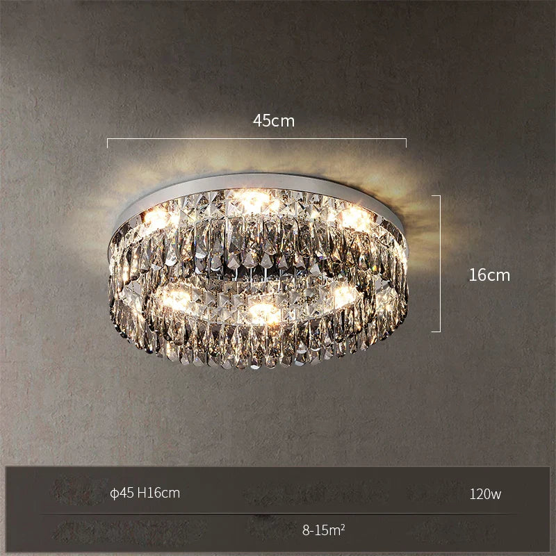 Maison Ornate Rectangular LED Crystal Chandelier illuminated, showing 45 cm diameter, 16 cm height measurements.