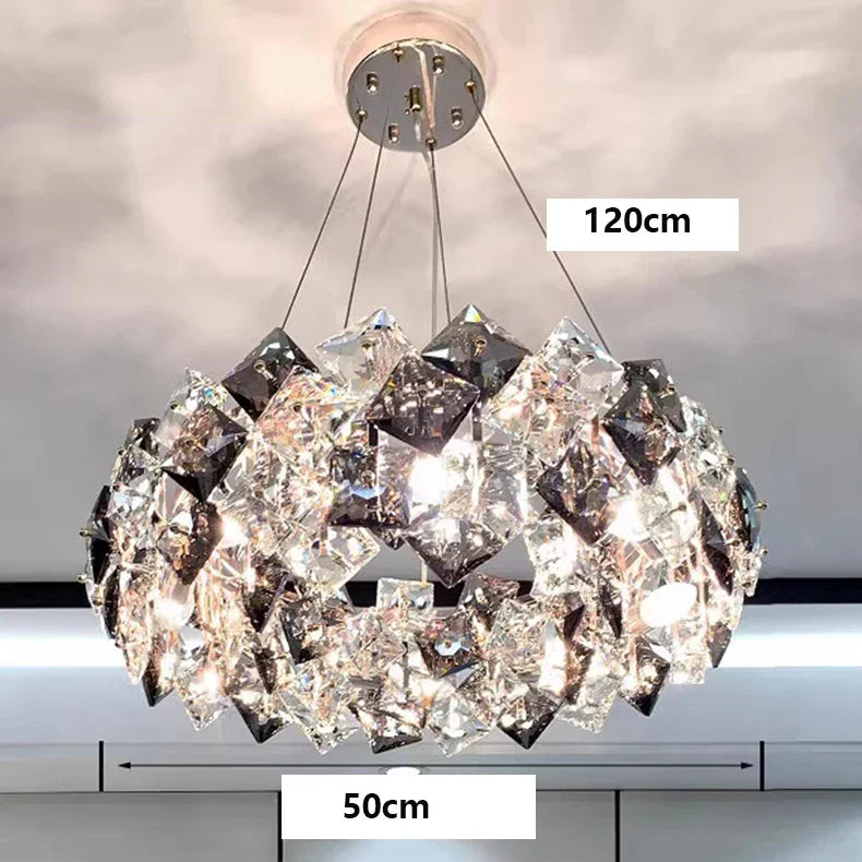 Geometric stainless steel chandelier with sparkling crystal accents, circular 50cm base, 120cm adjustable hanging height.
