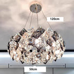 Geometric stainless steel chandelier with sparkling crystal accents, circular 50cm base, 120cm adjustable hanging height.