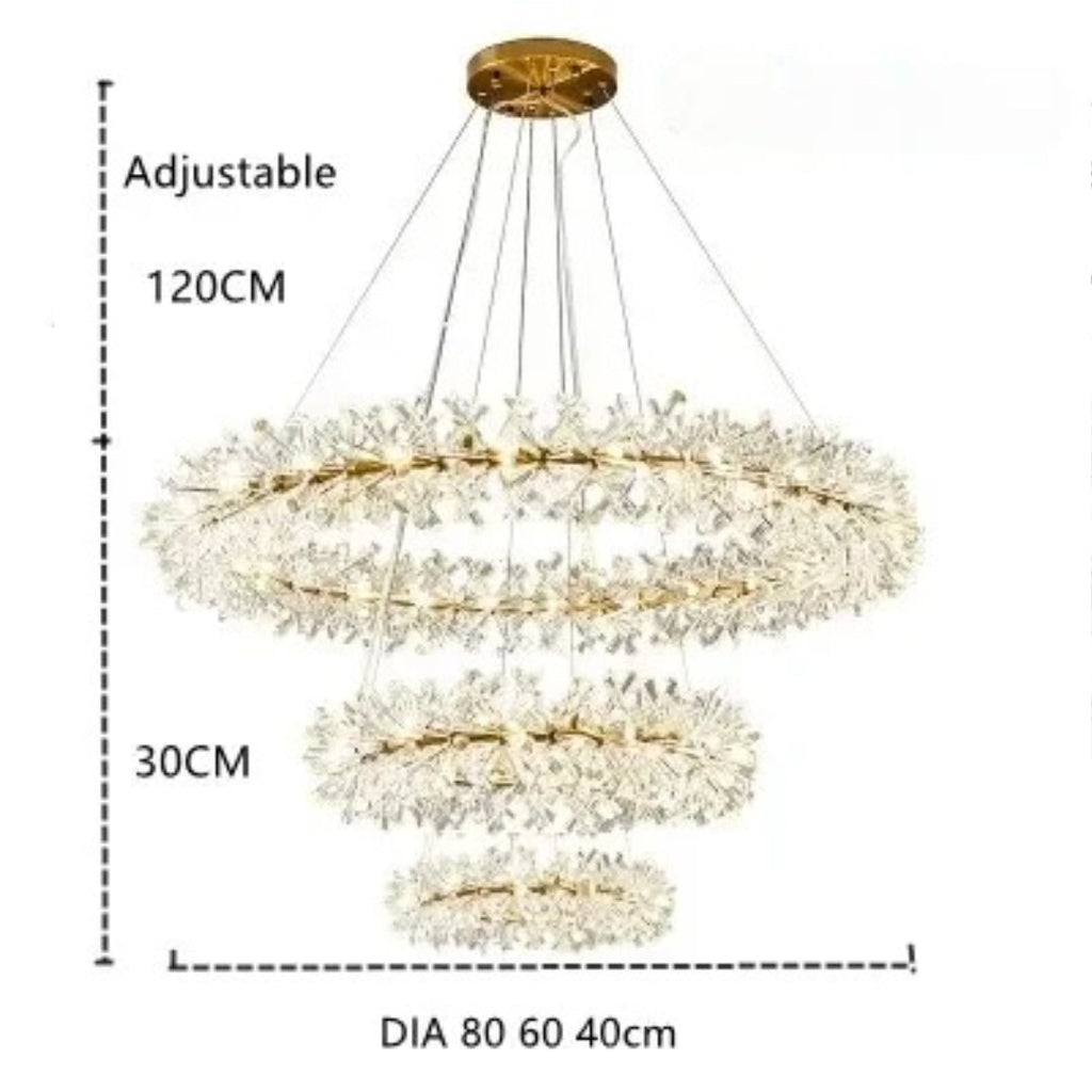 Three-tier gold and crystal chandelier with LED rings, adjustable wires, 80/60/40 cm tiers.