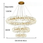Three-tier gold and crystal chandelier with LED rings, adjustable wires, 80/60/40 cm tiers.