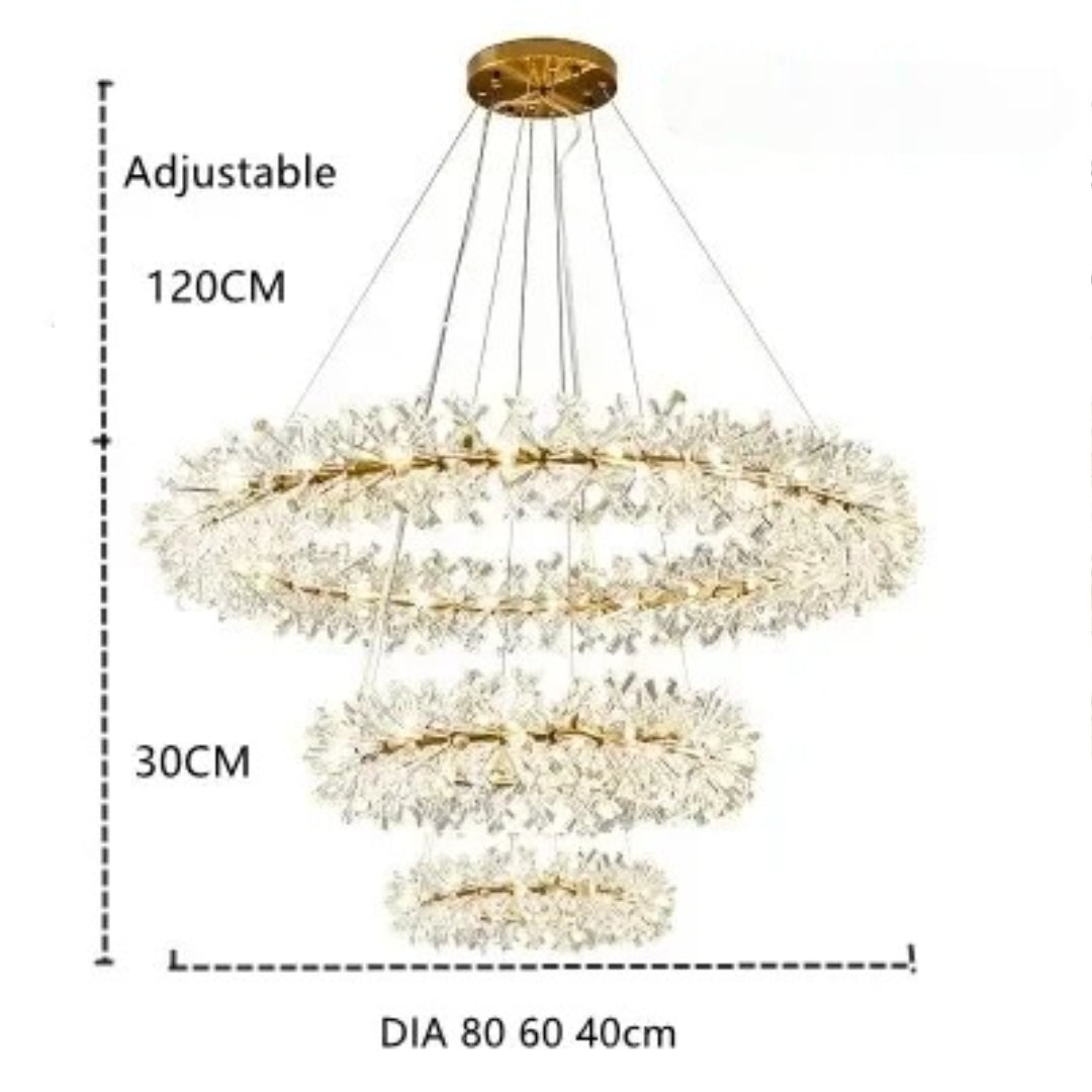 Three-tier gold and crystal chandelier with LED rings, adjustable wires, 80/60/40 cm tiers.