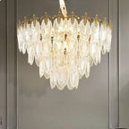 Retro Leaf Crystal Art Deco LED chandelier with gold accents, layered leaf glass, warm light.