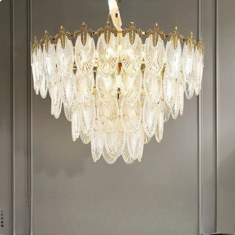 Retro Leaf Crystal Art Deco LED chandelier with gold accents, layered leaf glass, warm light.