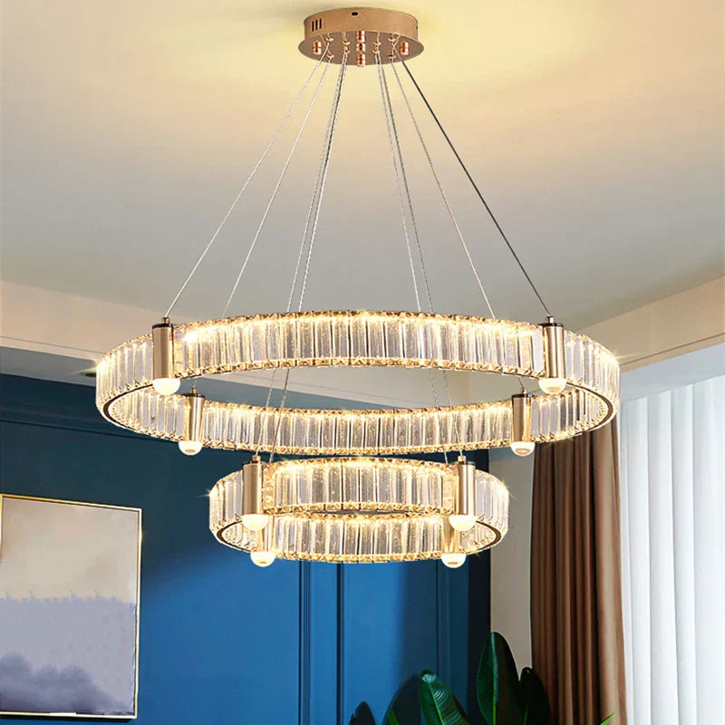 Maison Ornate Nordic chandelier with two crystal glass LED ring tiers, sleek cables, modern design.