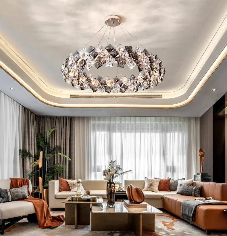 Maison Ornate Elegant Modern Stainless Steel Crystal LED Pendant chandelier with sparkling crystal accents.