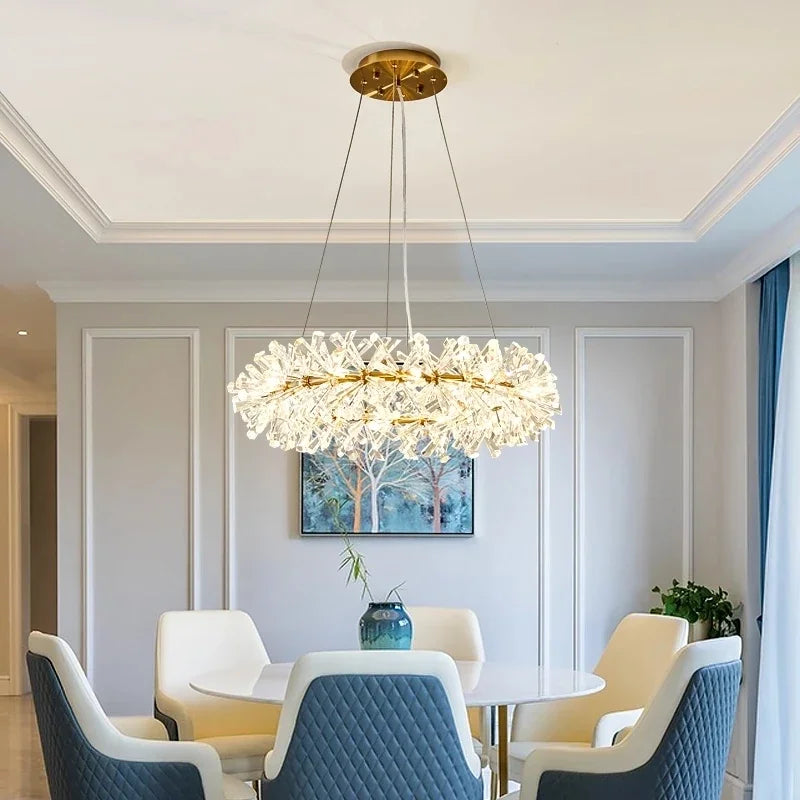 Maison Ornate Modern Crystal Chandelier with LED hanging rings, sleek contemporary lighting centerpiece.
