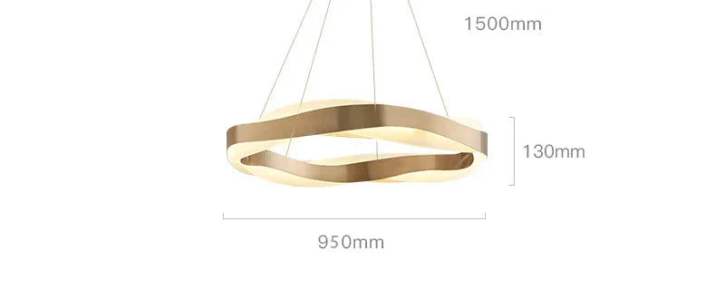 Maison Ornate gold crystal chandelier with modern LED rings, twisted band, dimmable, 950mm wide.