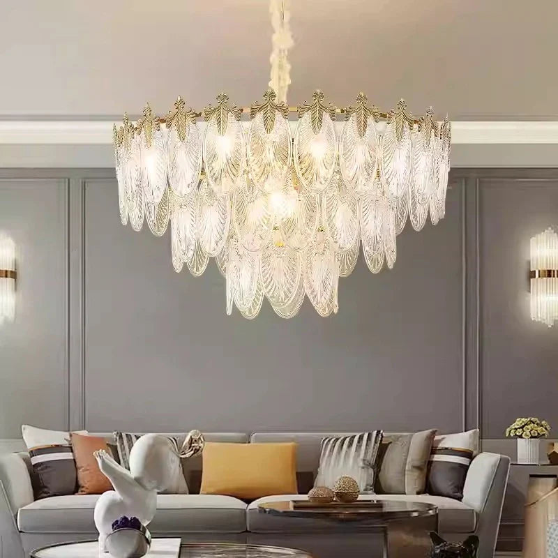 Maison Ornate Retro Leaf Crystal Art Deco LED Chandelier, intricate crystal details, gold-toned frame.
