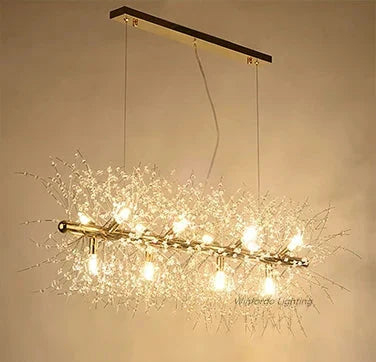 Crystal Branch LED chandelier with metal rods, crystal accents, and exposed bulbs for modern elegance.