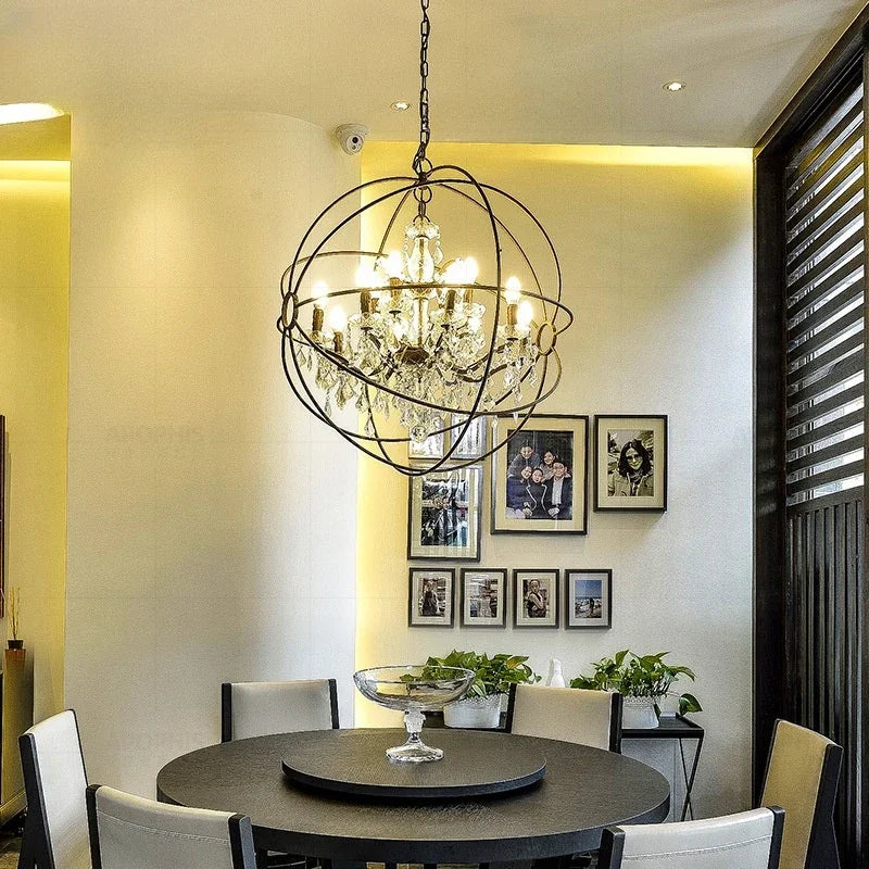 Maison Ornate American Style Industrial Crystal Birdcage Iron Chandelier with detailed crystal and ironwork.