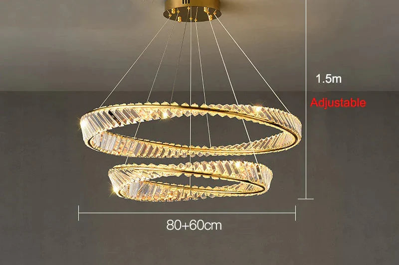 Intertwined LED crystal chandelier with two rings, 1.5 m hanging length, elegant and adjustable.