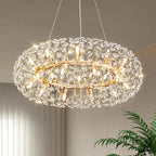 Maison Ornate Crystal Bedroom Chandelier with gold metal, circular frame, and shimmering crystal accents.