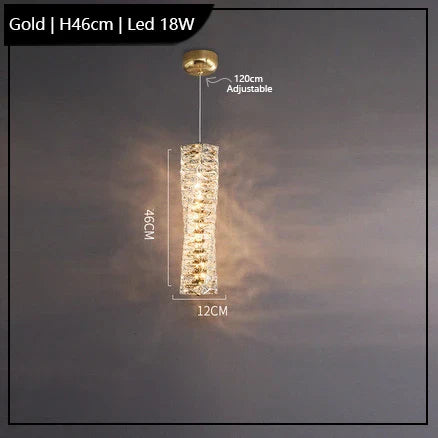 Gold cylindrical chandelier with LED lights, textured design, K9 crystal accents, adjustable suspension.