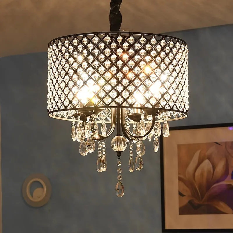 Maison Ornate Vintage Crystal Chandelier, lattice-patterned shade, crystal ornaments, LED compatible, warm glow.
