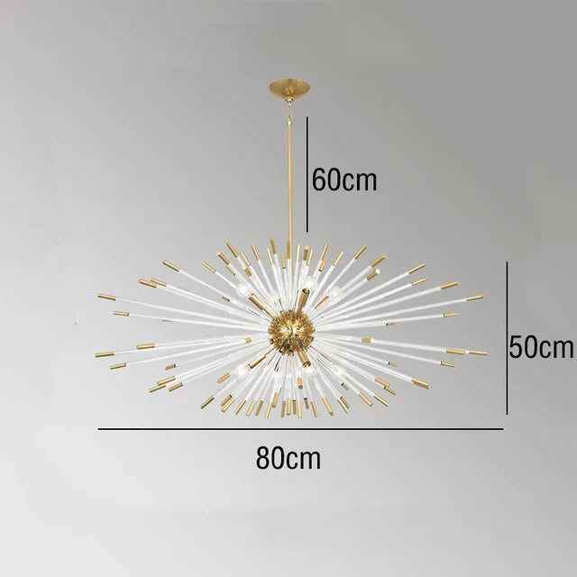Gold and white dandelion-inspired LED crystal chandelier with radiating rods, starburst design, 80cm wide.
