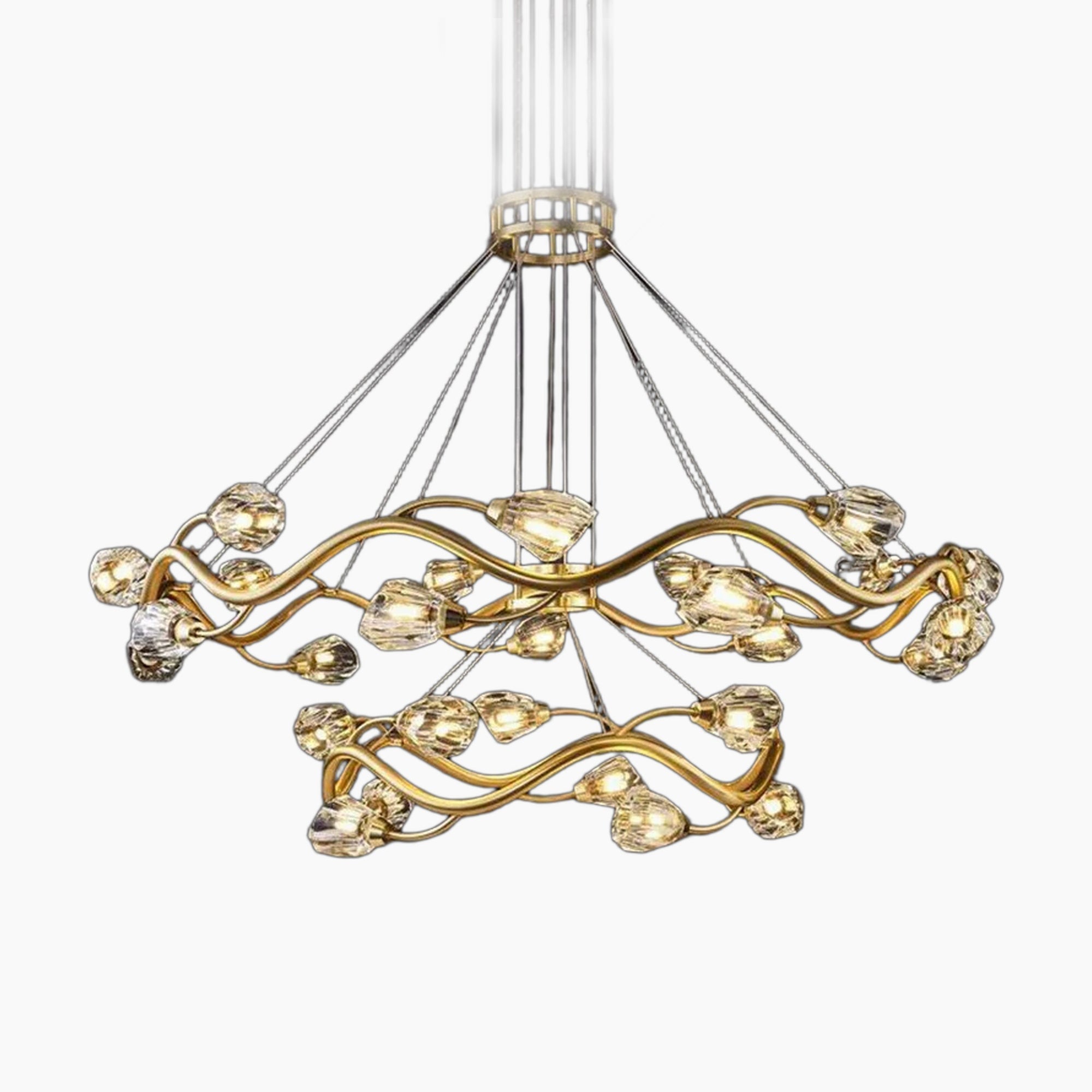 Two intertwined gold rings with LED bulb lights form a dramatic, modern crystal chandelier.