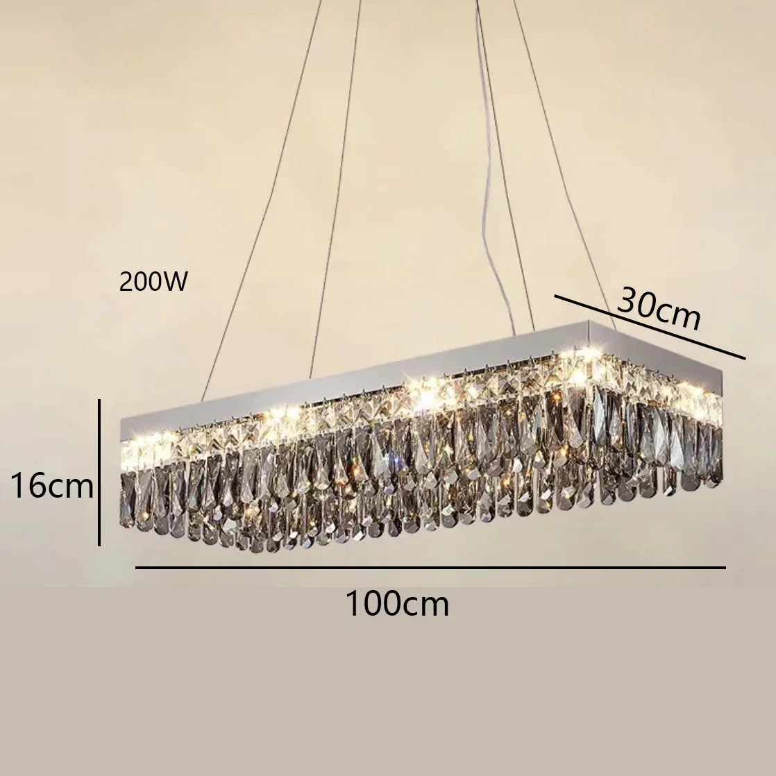 Elegant modern crystal LED chandelier with shimmering prisms on rectangular frame, suspended by two wires.