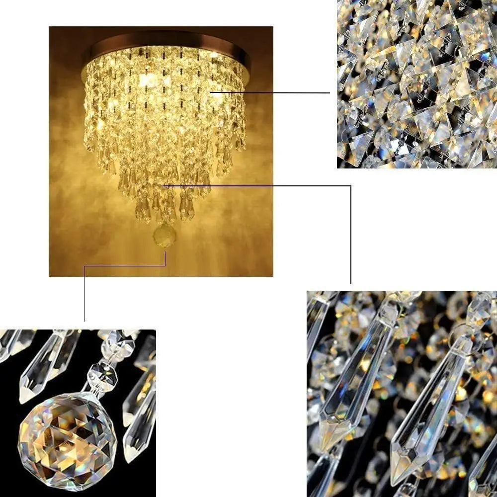 Polished metal chandelier with tiered crystal pendants and beads, glowing with warm golden light.